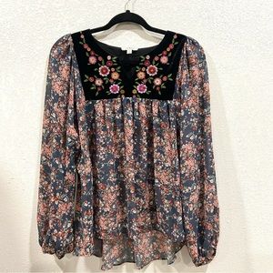 Umgee Womens Peasant Top Size S Sheer Floral Velvet Embroidered Split Neck